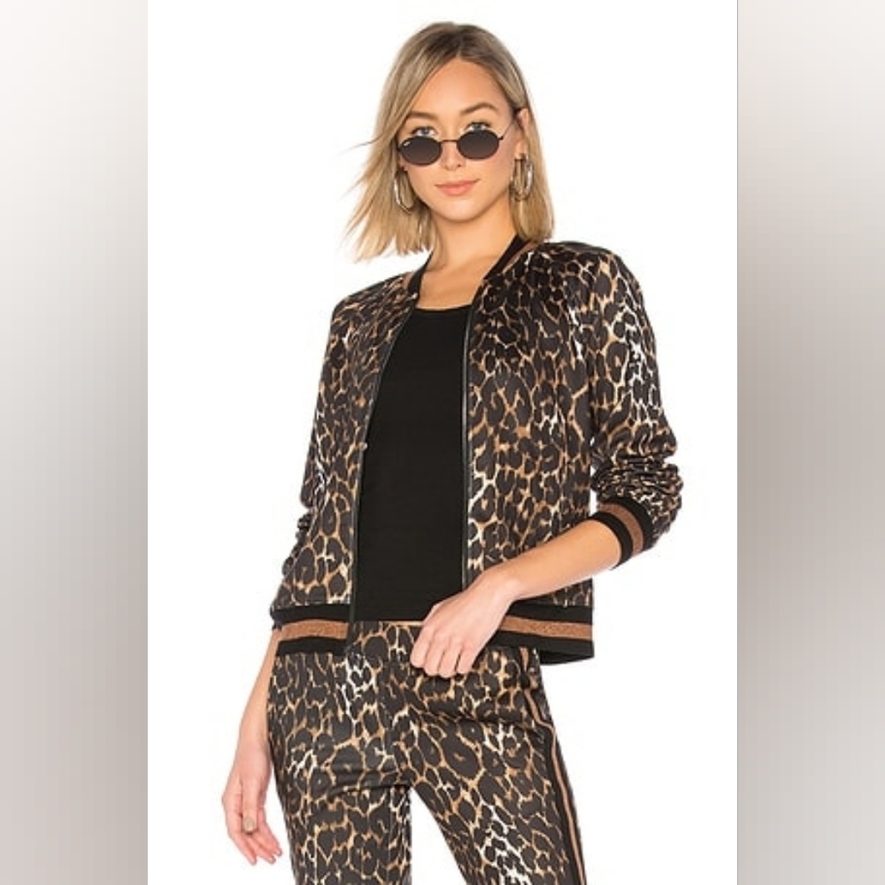 NWT $225 Pam & Gela Leopard Track Suit Jacket & Pants SET! Animal Print Sz L